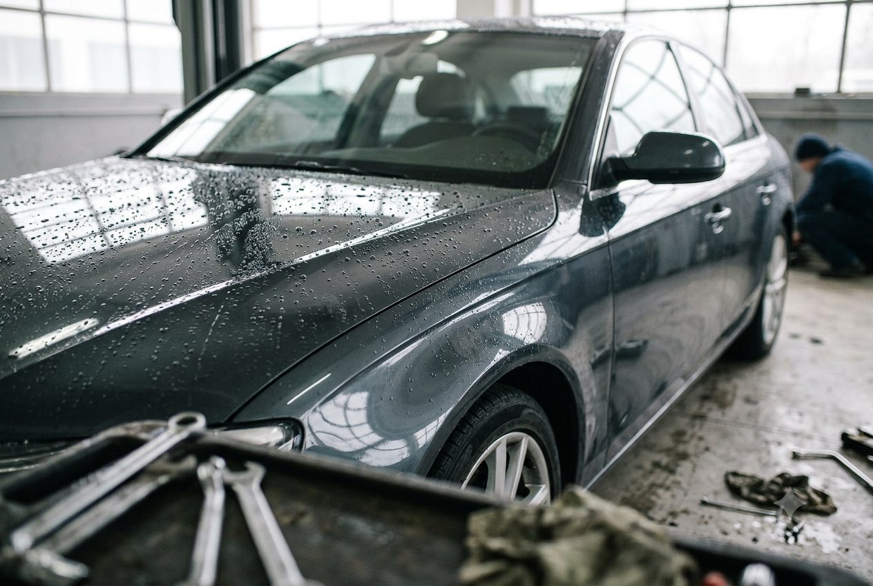 Water beading on a ceramic coated hood at Bekardi Garage Houston