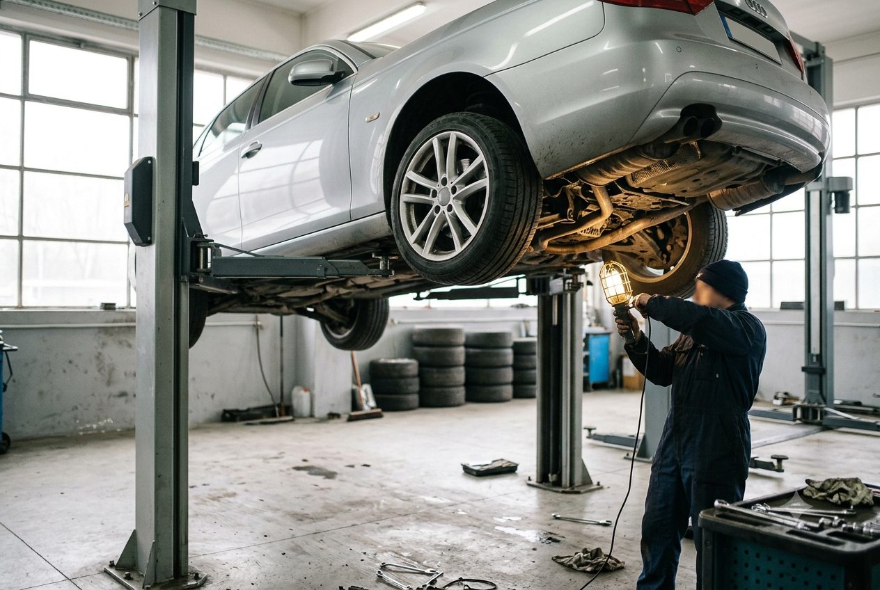 European sport sedan on a lift at Bekardi Garage Houston