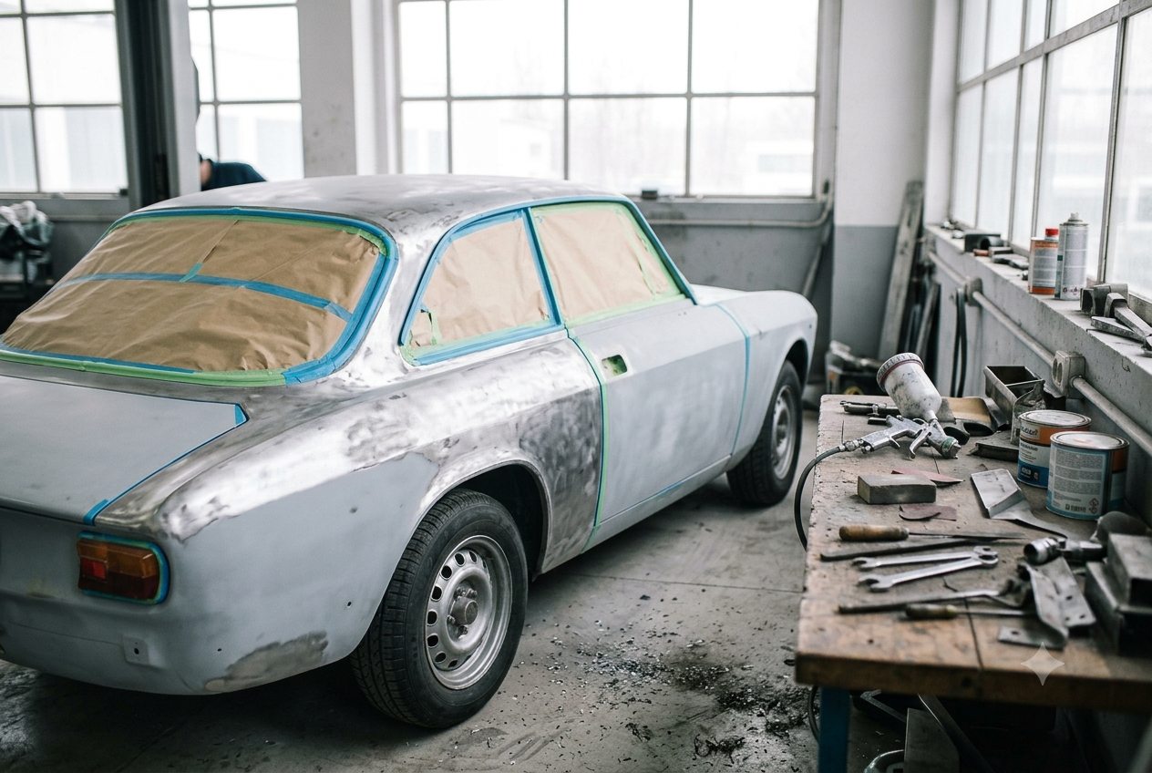 Classic European coupe in restoration at Bekardi Garage Houston