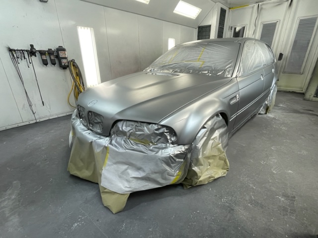 BMW masked and prepped for paint work at Bekardi Garage Houston