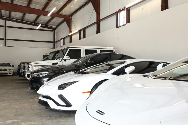 European supercar lineup inside the Bekardi Garage workshop in Houston